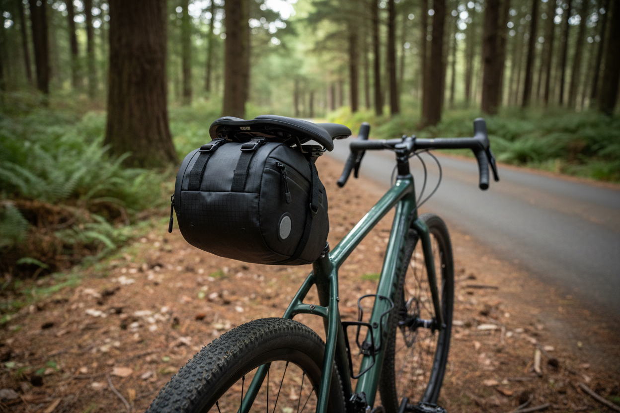 create an image with a sadle bag, the angle needs to be from the side and a little bit below. the bag must be not as big. in the woods with a road behind